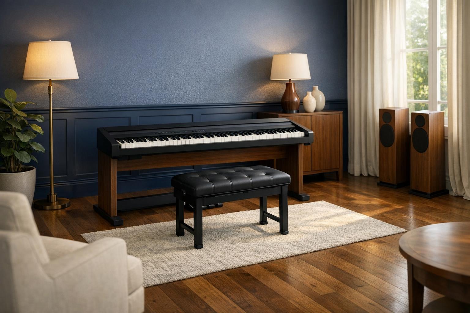 Planning Room Space and a Bench for a Digital Piano AI-generated editorial illustration.